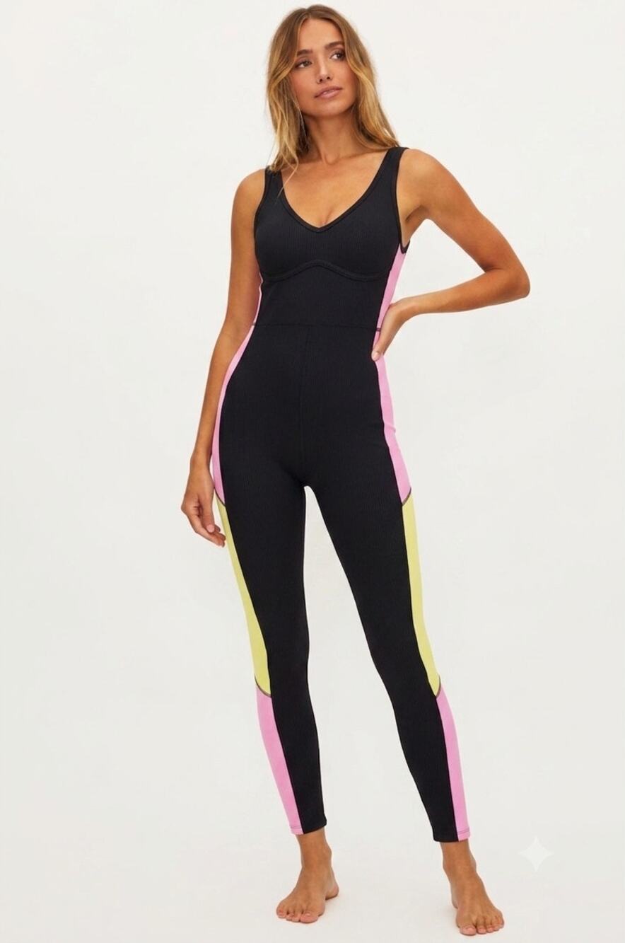 Beach Riot Sport Colorblock Athletic Jumpsuit Unitard Black Pink Yellow Size M